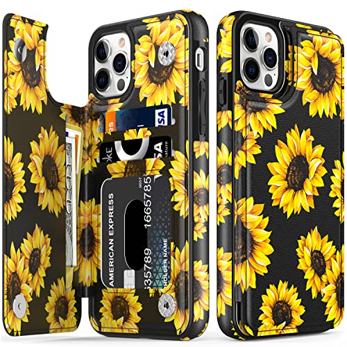 LETO Schutzhülle für iPhone 13 Pro, Leder-Klapphülle mit modischen Blumendesigns für Mädchen und Damen, Schutzhülle für iPhone 13 Pro 15.5 cm (6.1 Zoll), blühende Sonnenblumen von LETO