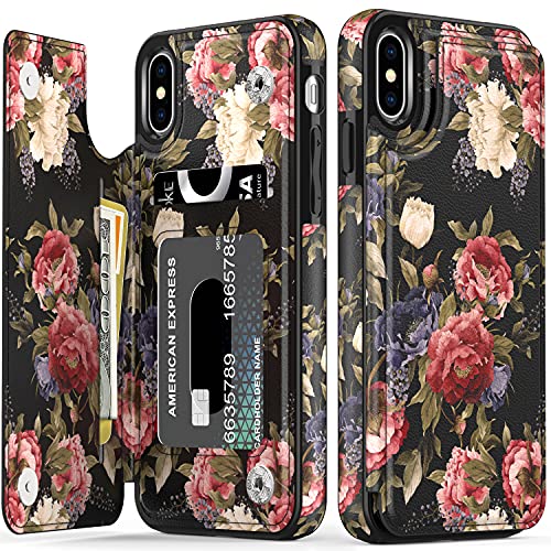 LETO iPhone X Hülle, iPhone Xs Hülle, Leder Wallet Case mit modischen Designs für Mädchen und Frauen, Flip Folio Cover mit Kartenschlitzen, Ständer, Schutzhülle für iPhone X/Xs weiß rosa Blumen von LETO