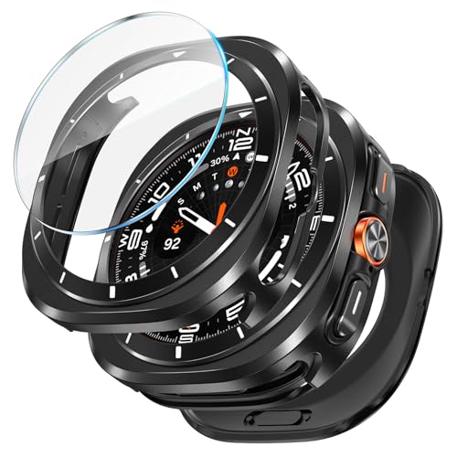LETOID 3-in-1-Metallhülle für Samsung Galaxy Watch Ultra, Displayschutzfolie, 47 mm, Edelstahl-Schutzhülle, harte PC-Rückseite und 9H-Hartglasfolie für Watch 7 Ultra – Schwarz/Weiß von LETOID