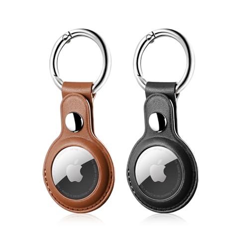 LETREEN 2er Pack Kompatibel mit Apple AirTag Anhänger, Leder Airtag Hülle mit Schlüsselanhänger (Schwarz/Braun) von LETREEN