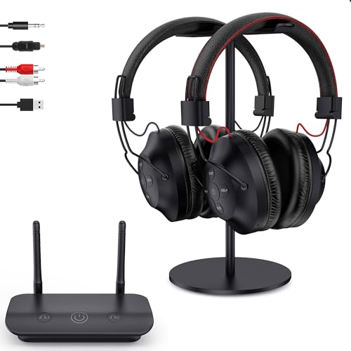 LETSACTIV Dual Wireless Kopfhörer zum Fernsehen mit Sender und Headset-Ständer, 196ft Reichweite mit optischen, AUX, RCA und USB, hohe Lautstärke, 40 Stunden Spielzeit, keine Verzögerung,Duett schwarz von LETSACTIV