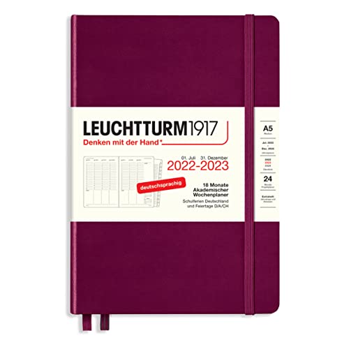 LEUCHTTURM1917 365814 Akademischer Wochenplaner Medium (A5) 2023, 18 Monate, Port Red, Deutsch von LEUCHTTURM1917