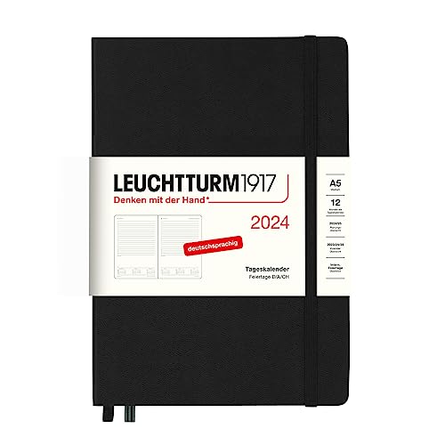 LEUCHTTURM1917 367591 Tageskalender Medium (A5) 2024, Schwarz, Deutsch, 12 Monate von LEUCHTTURM1917