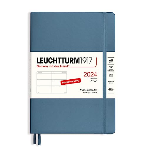 LEUCHTTURM1917 367663 Wochenkalender Medium (A5) 2024, Softcover, Stone Blue, Deutsch, 12 Monate von LEUCHTTURM1917