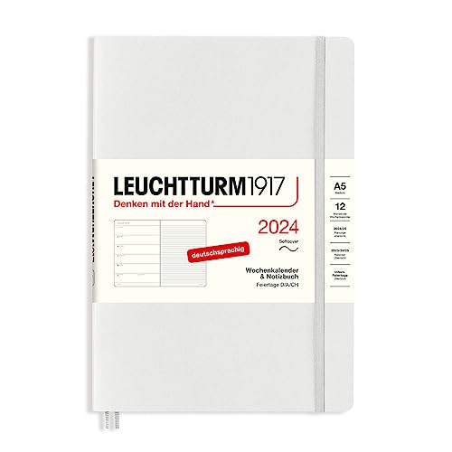 LEUCHTTURM1917 367769 Wochenkalender & Notizbuch Medium (A5) 2024, Softcover, Light Grey, Deutsch, 12 Monate von LEUCHTTURM1917