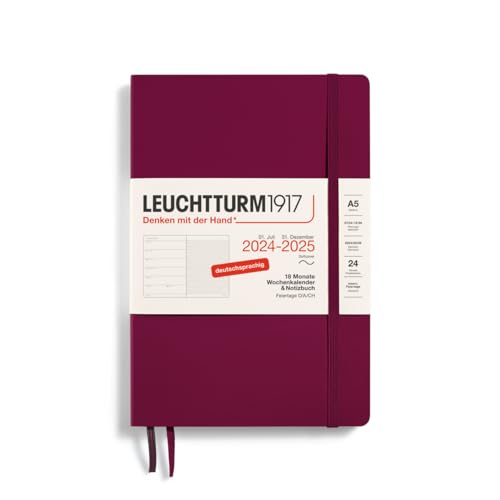 LEUCHTTURM1917 370621 Wochenkalender & Notizbuch Medium (A5) 2025, 18 Monate 07.2024-12.2025, Softcover, Port Red, Deutsch von LEUCHTTURM1917