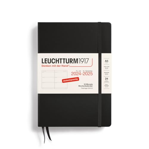 LEUCHTTURM1917 370625 Wochenkalender Medium (A5) 2025, 18 Monate (07.2024-12.2025), Hardcover, Schwarz, Deutsch von LEUCHTTURM1917