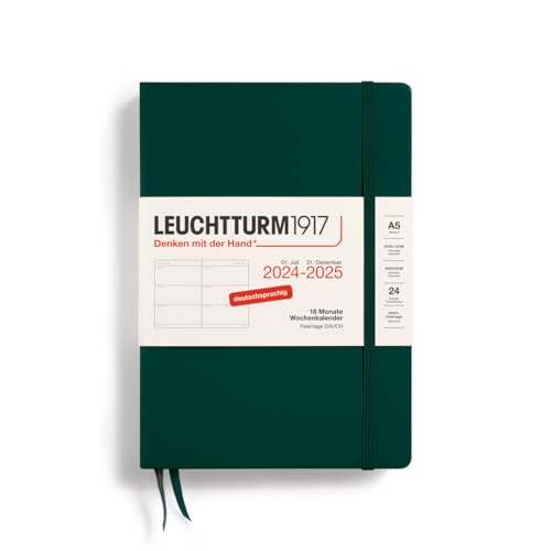 LEUCHTTURM1917 370629 Wochenkalender Medium (A5) 2025, 18 Monate (07.2024-12.2025), Hardcover, Forest Green, Deutsch von LEUCHTTURM1917