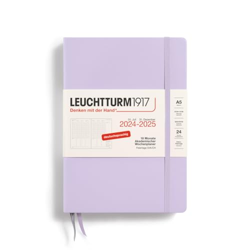LEUCHTTURM1917 370633 Akademischer Wochenplaner Medium (A5) 2025, 18 Monate (07.2024-12.2025, Hardcover, Lilac, Deutsch von LEUCHTTURM1917