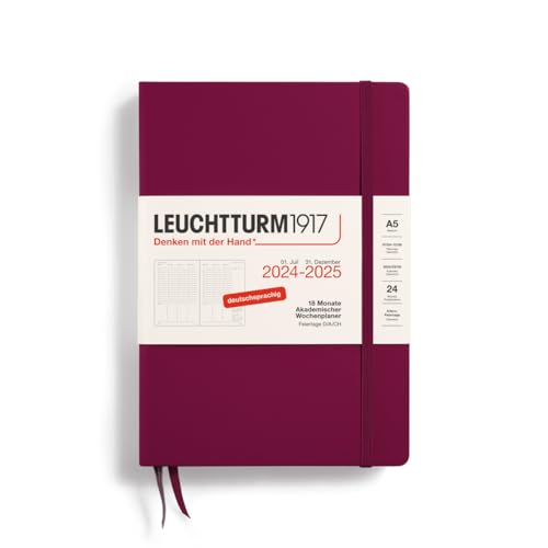 LEUCHTTURM1917 370634 Akademischer Wochenplaner Medium (A5) 2025, 18 Monate 07.2024-12.2025, Hardcover, Port Red, Deutsch von LEUCHTTURM1917