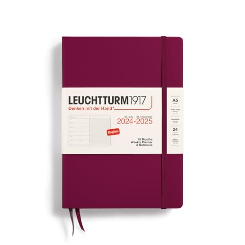LEUCHTTURM1917 370714 Wochenkalender & Notizbuch Medium (A5) 2025, 18 Monate 07.2024-12.2025, Hardcover, Port Red, Englisch von LEUCHTTURM1917