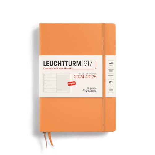 LEUCHTTURM1917 370715 Wochenkalender & Notizbuch 2025, Medium A5 Hardcover - 18-Monats-Planer, liniert - Apricot, Englisch von LEUCHTTURM1917
