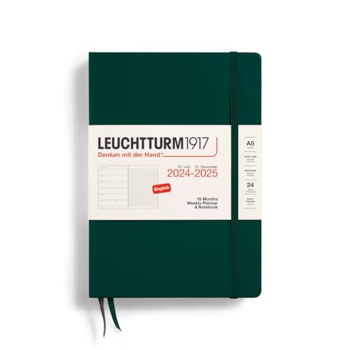 LEUCHTTURM1917 370716 Wochenkalender & Notizbuch Medium (A5) 2025, 18 Monate 07.2024-12.2025, Hardcover, Forest Green, Englisch von LEUCHTTURM1917