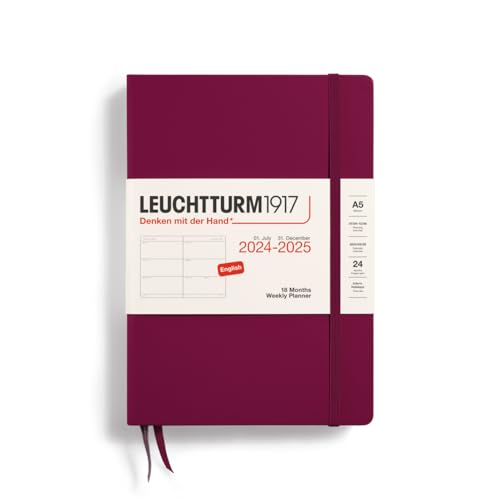 LEUCHTTURM1917 370720 Wochenkalender Medium (A5) 2025, 18 Monate (07.2024-12.2025), Hardcover, Port Red, Englisch von LEUCHTTURM1917