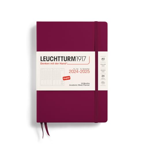 LEUCHTTURM1917 370726 Akademischer Wochenplaner Medium (A5) 2025, 18 Monate (07.2024-12.2025), Hardcover, Port Red, Englisch von LEUCHTTURM1917