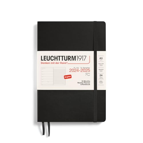 LEUCHTTURM1917 370808 Wochenkalender & Notizbuch Medium (A5) 2025, 18 Monate (07.2024-12.2025), Softcover, Schwarz, Englisch von LEUCHTTURM1917