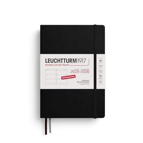 LEUCHTTURM1917 372627 Wochenkalender Medium (A5) 2026, 18 Monate 07.2025-12.2026, Hardcover, Schwarz, Deutsch von LEUCHTTURM1917