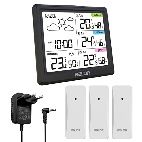 LEVIPE Wetterstation Funk mit 3 Außensensor, Digitale Funkwetterstation mit Innen Außen Temperatur- und Luftfeuchtigkeit Wettervorhersage, Wecker, Uhrzeitanzeige für Zuhaus, Garten (Schwarz) von LEVIPE