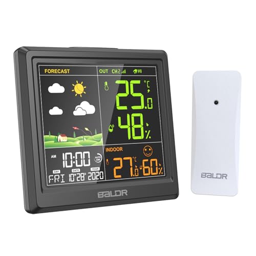 LEVIPE Wetterstation Funk mit Außensensor, Funkwetterstation mit Adapter, Digitales Farbdisplay Thermometer Hygrometer Innen und Außen, Wettervorhersage, Wecker von LEVIPE