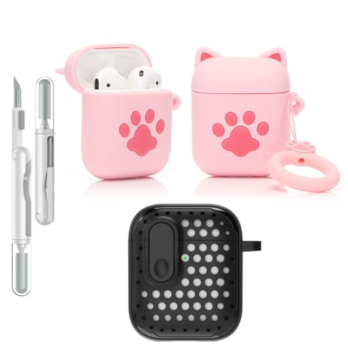 LEWOTE 3 in 1 Kompatibel mit Apple Airpods (2nd/1st Generation) Schützende Lustige Nette Fall Abdeckung mit Reiniger Kit Schlüsselanhänger (Cat Paw Pink) von LEWOTE