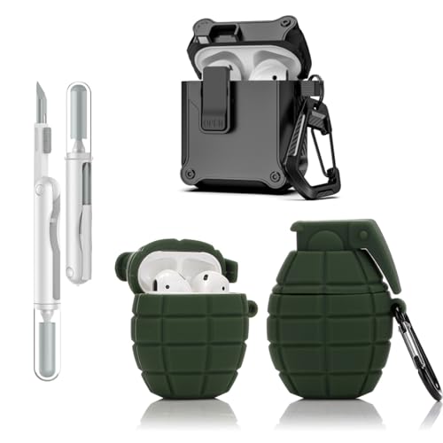 LEWOTE 3 in 1 Kompatibel mit Apple Airpods (2nd/1st Generation) Schützende Lustige Nette Fall Abdeckung mit Reiniger Kit Schlüsselanhänger (Grenade Amy Green) von LEWOTE