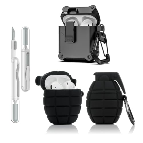 LEWOTE 3 in 1 Kompatibel mit Apple Airpods (2nd/1st Generation) Schützende Lustige Nette Fall Abdeckung mit Reiniger Kit Schlüsselanhänger (Grenade Black) von LEWOTE