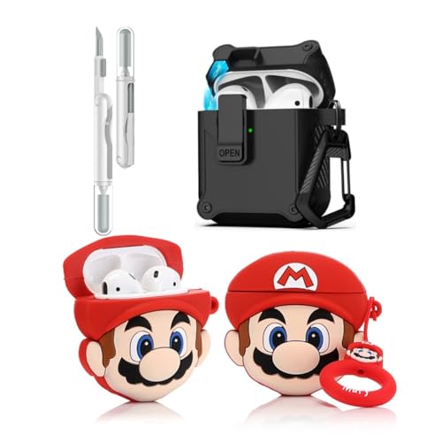 LEWOTE 3 in 1 Kompatibel mit Apple Airpods (2nd/1st Generation) Schützende Lustige Nette Fall Abdeckung mit Reiniger Kit Schlüsselanhänger (Mario) von LEWOTE