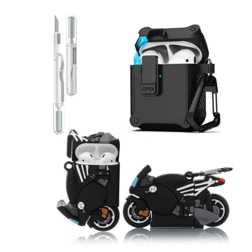 LEWOTE 3 in 1 Kompatibel mit Apple Airpods (2nd/1st Generation) Schützende Lustige Nette Fall Abdeckung mit Reiniger Kit Schlüsselanhänger (Mototcycle) von LEWOTE