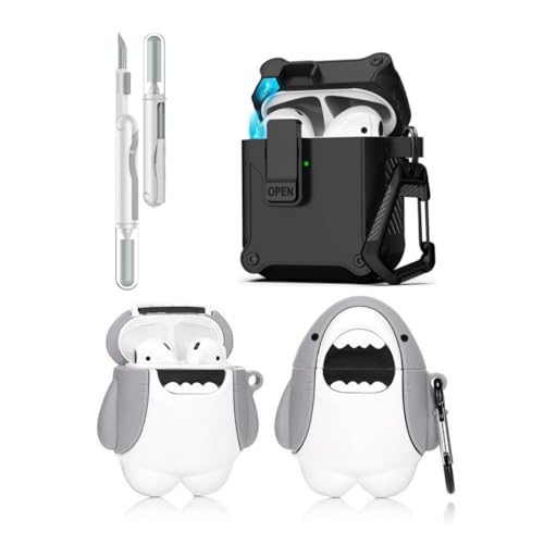 LEWOTE 3 in 1 Kompatibel mit Apple Airpods (2nd/1st Generation) Schützende Lustige Nette Fall Abdeckung mit Reiniger Kit Schlüsselanhänger (Shark) von LEWOTE