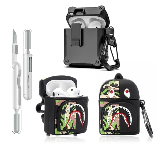 LEWOTE 3 in 1 Kompatibel mit Apple Airpods (2nd/1st Generation) Schützende Lustige Nette Fall Abdeckung mit Reiniger Kit Schlüsselanhänger (Shark Bag Black) von LEWOTE