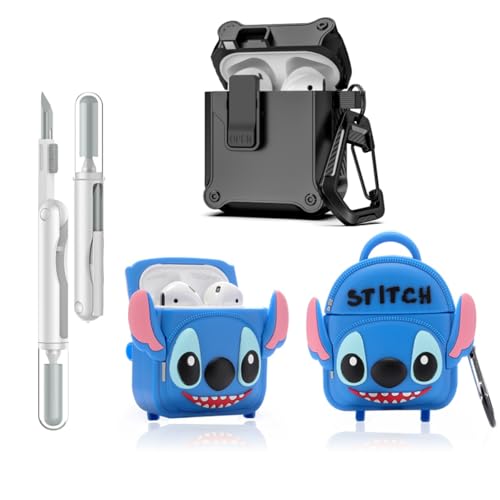 LEWOTE 3 in 1 Kompatibel mit Apple Airpods (2nd/1st Generation) Schützende Lustige Nette Fall Abdeckung mit Reiniger Kit Schlüsselanhänger (Stitch Bag) von LEWOTE