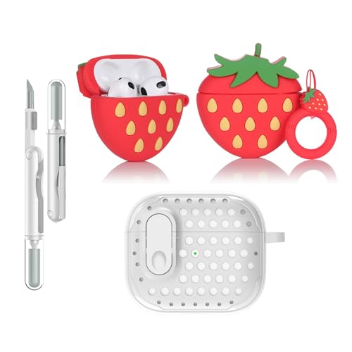 LEWOTE 3 in 1 Kompatibel mit Apple Airpods 3 Schützende Lustige Nette Fall Abdeckung mit Reiniger Kit Schlüsselanhänger (3D Strawberry) von LEWOTE