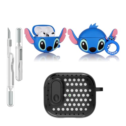 LEWOTE 3 in 1 Kompatibel mit Apple Airpods 3 Schützende Lustige Nette Fall Abdeckung mit Reiniger Kit Schlüsselanhänger (Big Ear Stitch) von LEWOTE