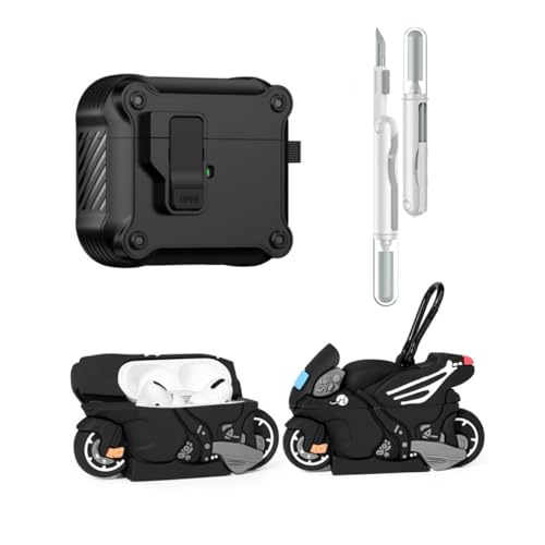 LEWOTE 3 in 1 Kompatibel mit Apple Airpods 3 Schützende Lustige Nette Fall Abdeckung mit Reiniger Kit Schlüsselanhänger (Motorcycle) von LEWOTE