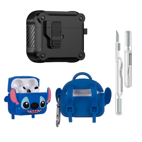LEWOTE 3 in 1 Kompatibel mit Apple Airpods 3 Schützende Lustige Nette Fall Abdeckung mit Reiniger Kit Schlüsselanhänger (Stitch Bag) von LEWOTE