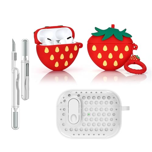 LEWOTE 3 in 1 Kompatibel mit Apple Airpods Pro(2nd/1st Generation) Schützende Lustige Nette Fall Abdeckung mit Reiniger Kit Schlüsselanhänger (3D Strawberry) von LEWOTE