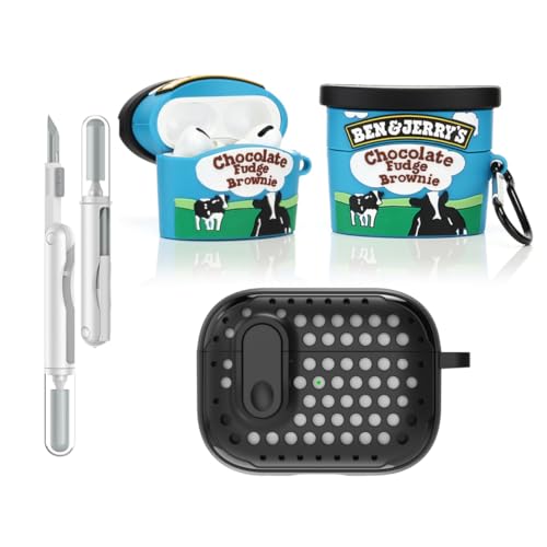 LEWOTE 3 in 1 Kompatibel mit Apple Airpods Pro(2nd/1st Generation) Schützende Lustige Nette Fall Abdeckung mit Reiniger Kit Schlüsselanhänger (Benjerry) von LEWOTE