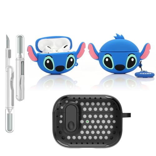 LEWOTE 3 in 1 Kompatibel mit Apple Airpods Pro(2nd/1st Generation) Schützende Lustige Nette Fall Abdeckung mit Reiniger Kit Schlüsselanhänger (Big Ear Stitch) von LEWOTE