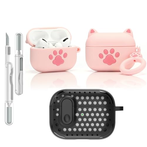 LEWOTE 3 in 1 Kompatibel mit Apple Airpods Pro(2nd/1st Generation) Schützende Lustige Nette Fall Abdeckung mit Reiniger Kit Schlüsselanhänger (Cat Paw Pink) von LEWOTE