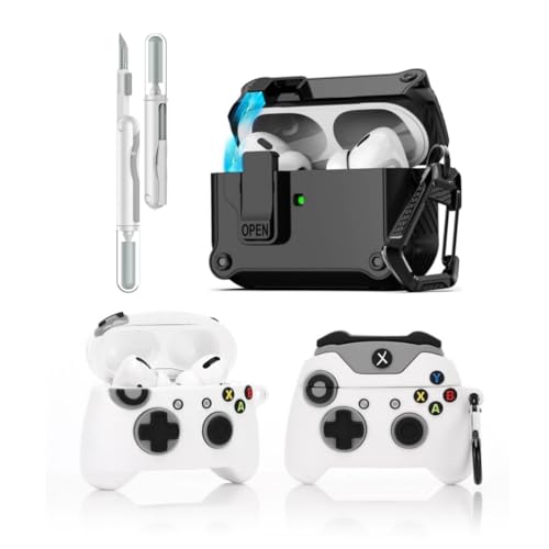 LEWOTE 3 in 1 Kompatibel mit Apple Airpods Pro(2nd/1st Generation) Schützende Lustige Nette Fall Abdeckung mit Reiniger Kit Schlüsselanhänger (Gamepad) von LEWOTE