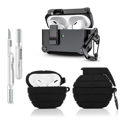 LEWOTE 3 in 1 Kompatibel mit Apple Airpods Pro(2nd/1st Generation) Schützende Lustige Nette Fall Abdeckung mit Reiniger Kit Schlüsselanhänger (Grenade Black) von LEWOTE