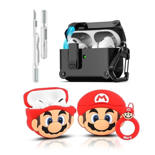 LEWOTE 3 in 1 Kompatibel mit Apple Airpods Pro(2nd/1st Generation) Schützende Lustige Nette Fall Abdeckung mit Reiniger Kit Schlüsselanhänger (Mario) von LEWOTE