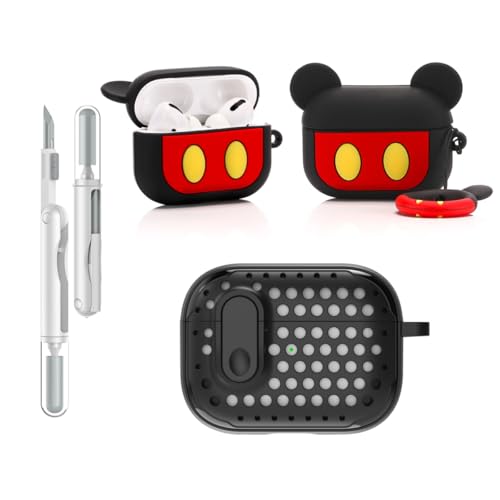 LEWOTE 3 in 1 Kompatibel mit Apple Airpods Pro(2nd/1st Generation) Schützende Lustige Nette Fall Abdeckung mit Reiniger Kit Schlüsselanhänger (Mickey) von LEWOTE