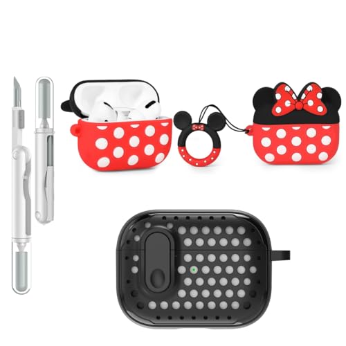 LEWOTE 3 in 1 Kompatibel mit Apple Airpods Pro(2nd/1st Generation) Schützende Lustige Nette Fall Abdeckung mit Reiniger Kit Schlüsselanhänger (Minnie) von LEWOTE