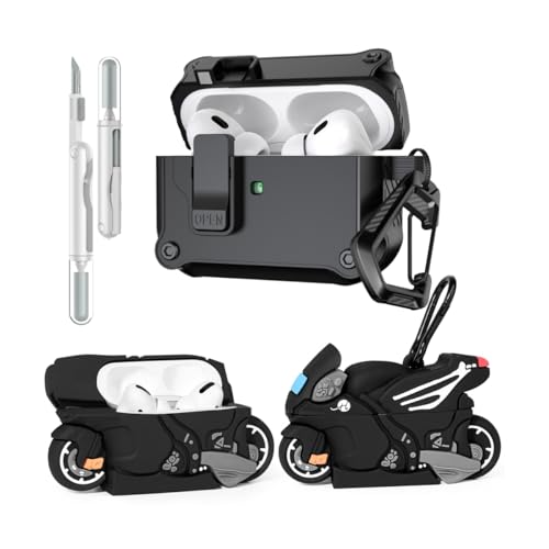LEWOTE 3 in 1 Kompatibel mit Apple Airpods Pro(2nd/1st Generation) Schützende Lustige Nette Fall Abdeckung mit Reiniger Kit Schlüsselanhänger (Motorcycle) von LEWOTE