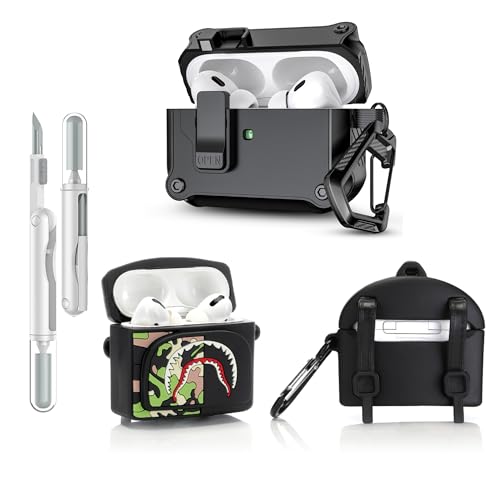 LEWOTE 3 in 1 Kompatibel mit Apple Airpods Pro(2nd/1st Generation) Schützende Lustige Nette Fall Abdeckung mit Reiniger Kit Schlüsselanhänger (Shark Bag Black) von LEWOTE