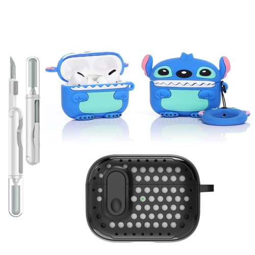 LEWOTE 3 in 1 Kompatibel mit Apple Airpods Pro(2nd/1st Generation) Schützende Lustige Nette Fall Abdeckung mit Reiniger Kit Schlüsselanhänger (Stitch) von LEWOTE