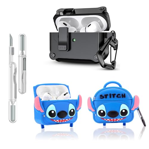 LEWOTE 3 in 1 Kompatibel mit Apple Airpods Pro(2nd/1st Generation) Schützende Lustige Nette Fall Abdeckung mit Reiniger Kit Schlüsselanhänger (Stitch Bag) von LEWOTE