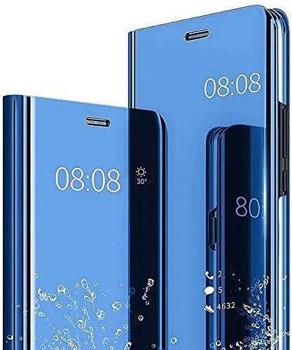 LEYAN Clear Smart View Schutzhülle für Samsung Galaxy A12, Spiegel, Flip Case, Cover, transparent, Standing Schutzhülle, stoßfest, Klapphülle, Folio Schutzhülle mit klappbarem Ständer – Blau von LEYAN