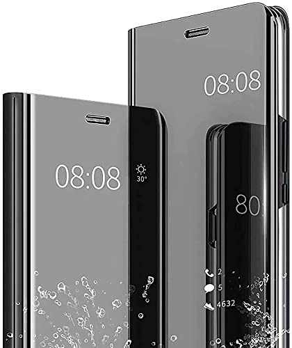 LEYAN Clear Smart View Schutzhülle für Samsung Galaxy A12, Spiegel, Flip Case Cover, transparent, Standing Schutzhülle, stoßfest, Klapphülle, Folio Schutzhülle mit klappbarem Ständer – Schwarz von LEYAN